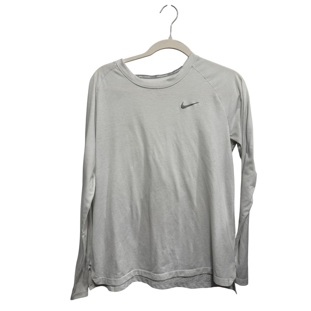 Nike Dri FIT Running Shirt Womens Large White Long Sleeve Perforated Workout